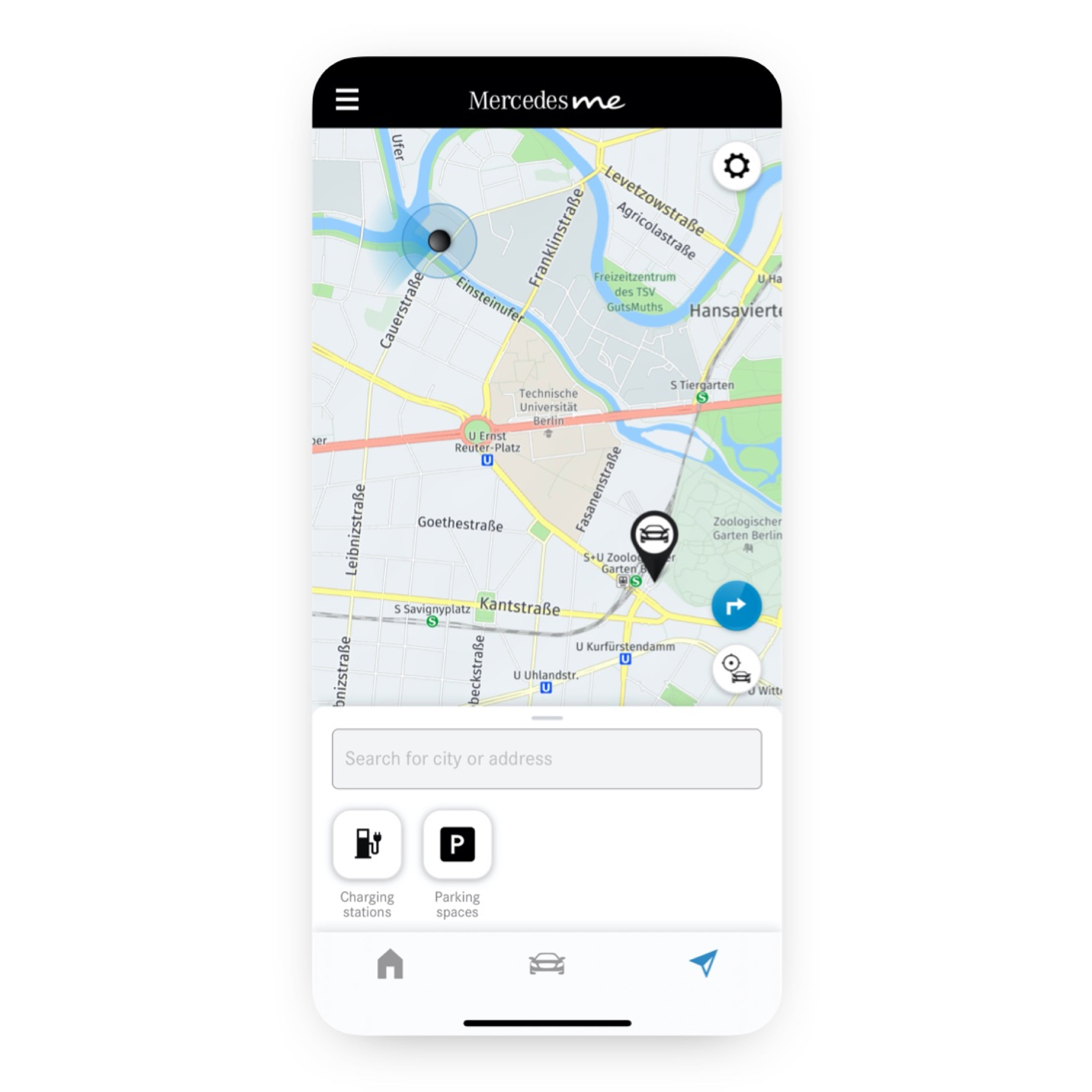 Localizador del vehículo a distancia | Paquete Excellence | Mercedes-Benz La ubicación del vehículo se muestra en la Mercedes-Benz App en un smartphone.