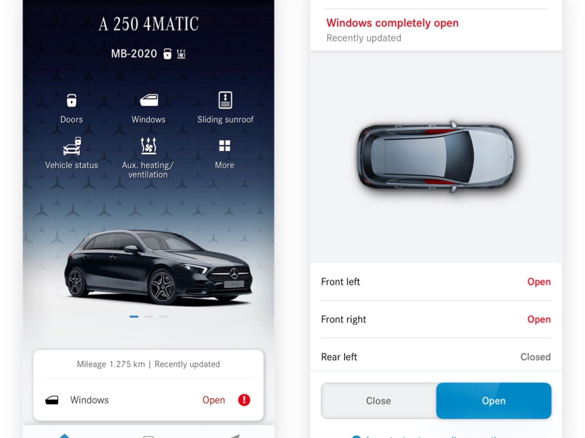 En un smartphone se ven las diferentes pantallas que aparecen cuando el extra digital Mando a distancia ventanillas detecta que el techo corredizo no está cerrado.