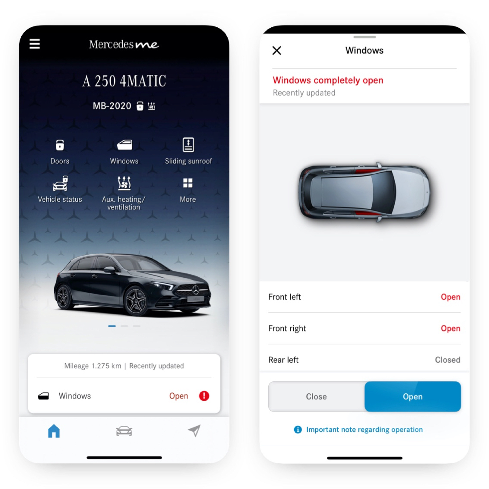 Mando a distancia ventanillas | Paquete Excellence | Mercedes-Benz En un smartphone se ven las diferentes pantallas que aparecen cuando el extra digital Mando a distancia ventanillas detecta que el techo corredizo no está cerrado.