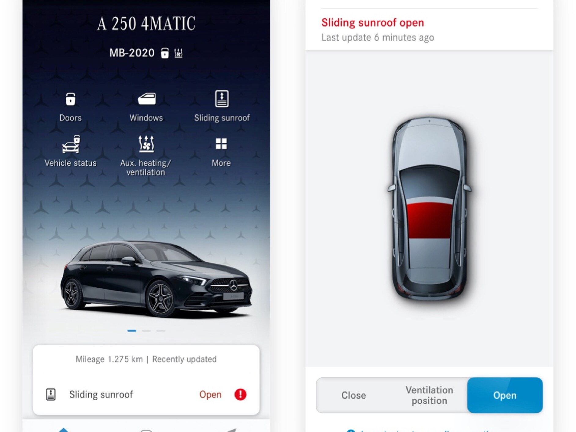 En un smartphone se ven las diferentes pantallas que aparecen cuando el extra digital Mando a distancia ventanillas/techo corredizo detecta que el techo corredizo no está cerrado.