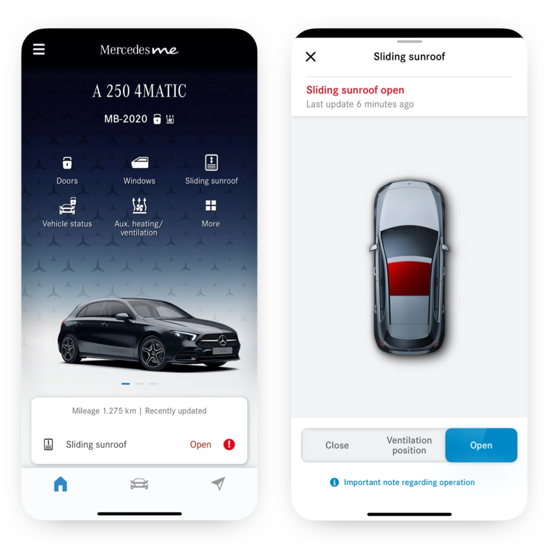 Mando a distancia ventanillas/techo corredizo | Paquete Excellence | Mercedes-Benz En un smartphone se ven las diferentes pantallas que aparecen cuando el extra digital Mando a distancia ventanillas/techo corredizo detecta que el techo corredizo no está cerrado.