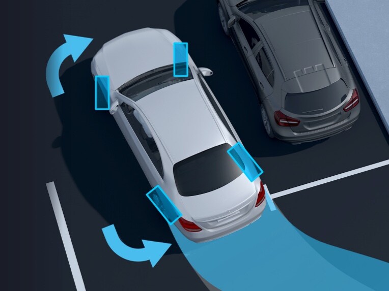 La dirección del eje trasero con ángulo amplio de orientación de las ruedas en el visualizador de tu Mercedes-Benz.