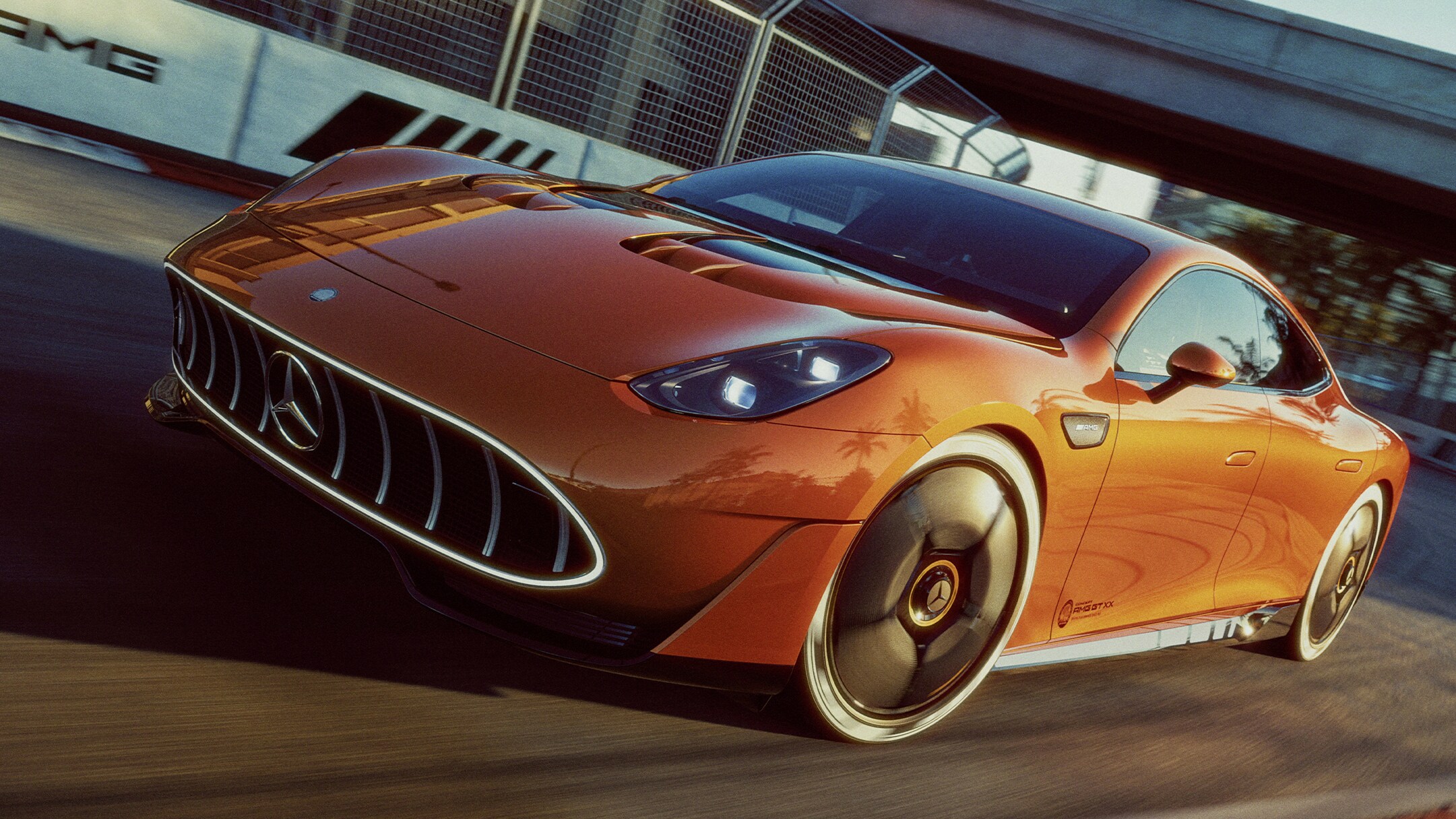 visual lateral del concept de Mercedes-AMG GT xx en color naranja