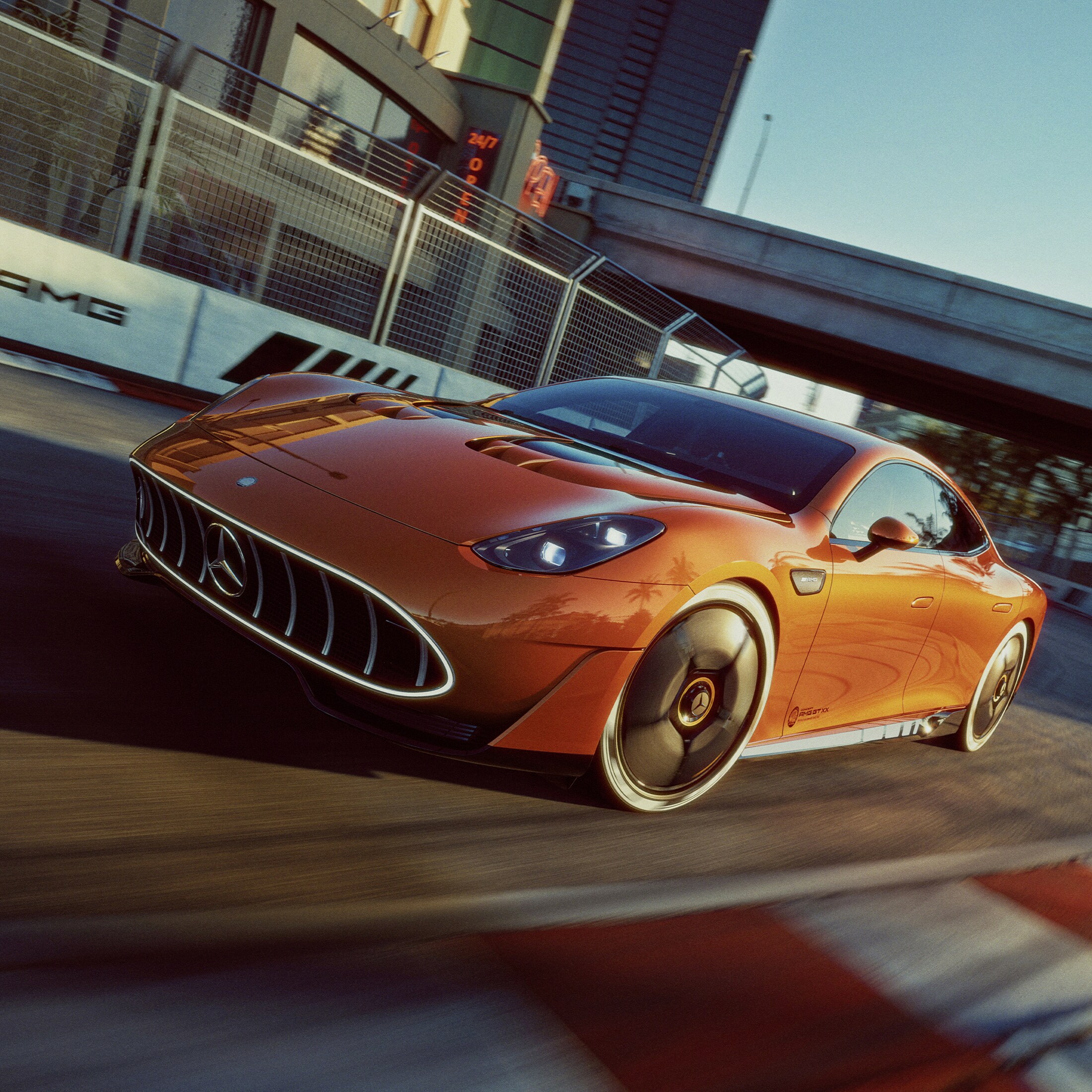 visual lateral del concept de Mercedes-AMG GT xx en color naranja