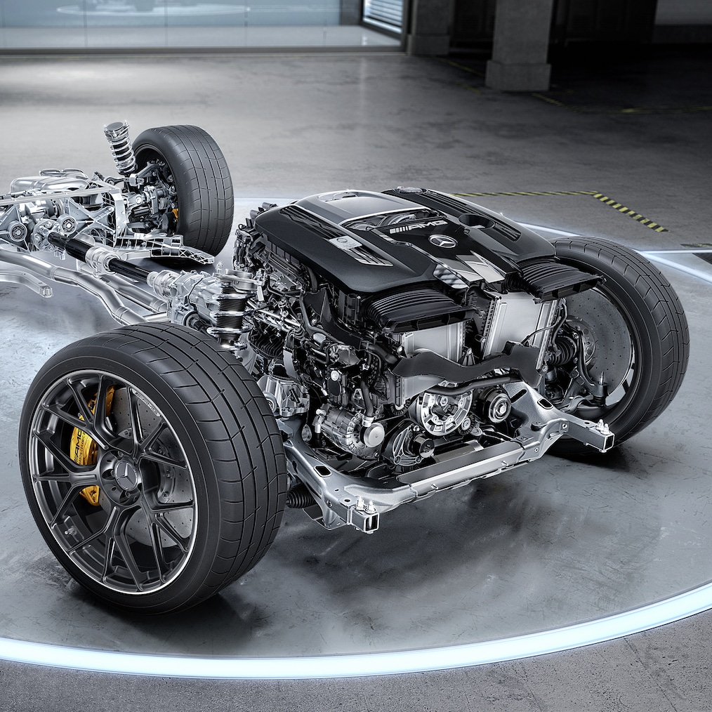 El motor V8 biturbo de 4,0 litros del Mercedes-AMG GT 55 Coupé.