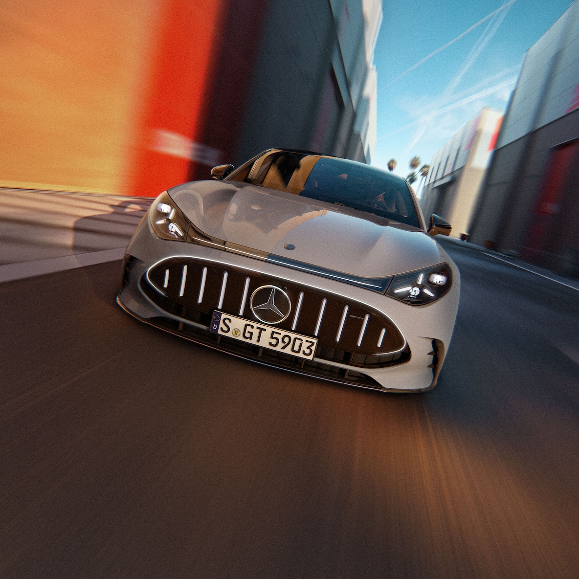 Una vista frontal del GT Coupé de 4 puertas de Mercedes-AMG.