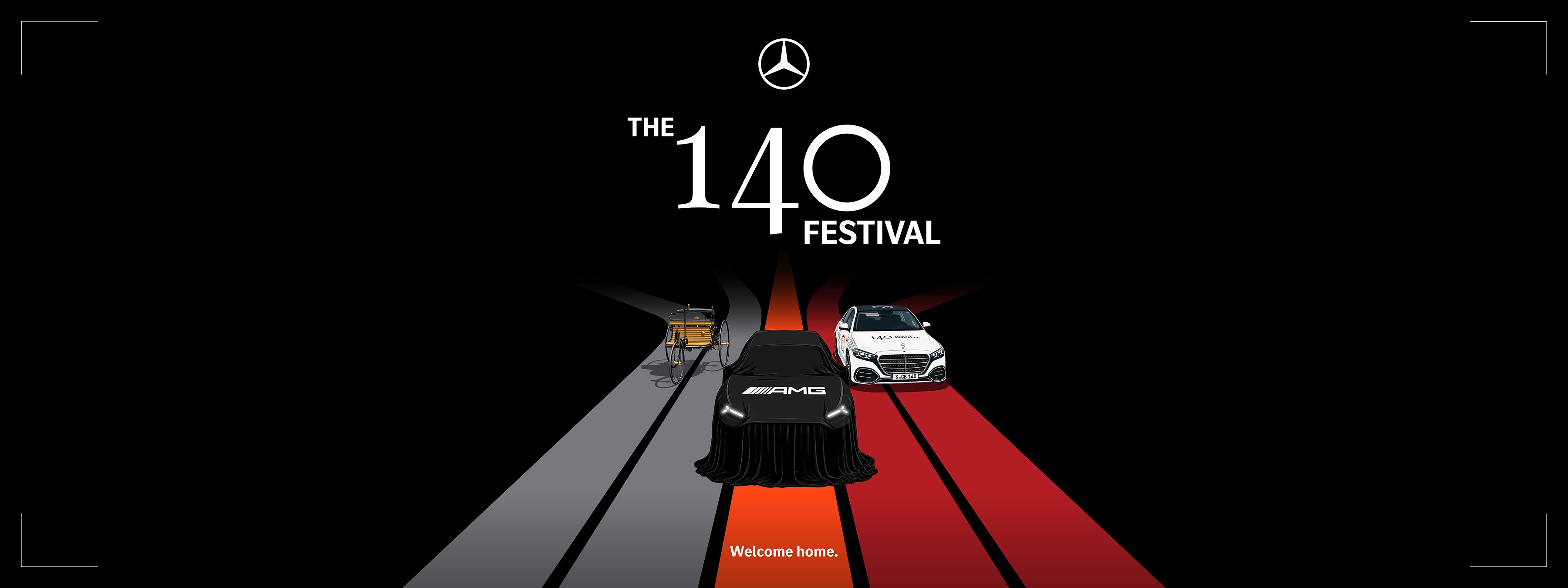 Visual del logo de 140 festival con 3 coches sobre lineas gris, naranjas y rojas