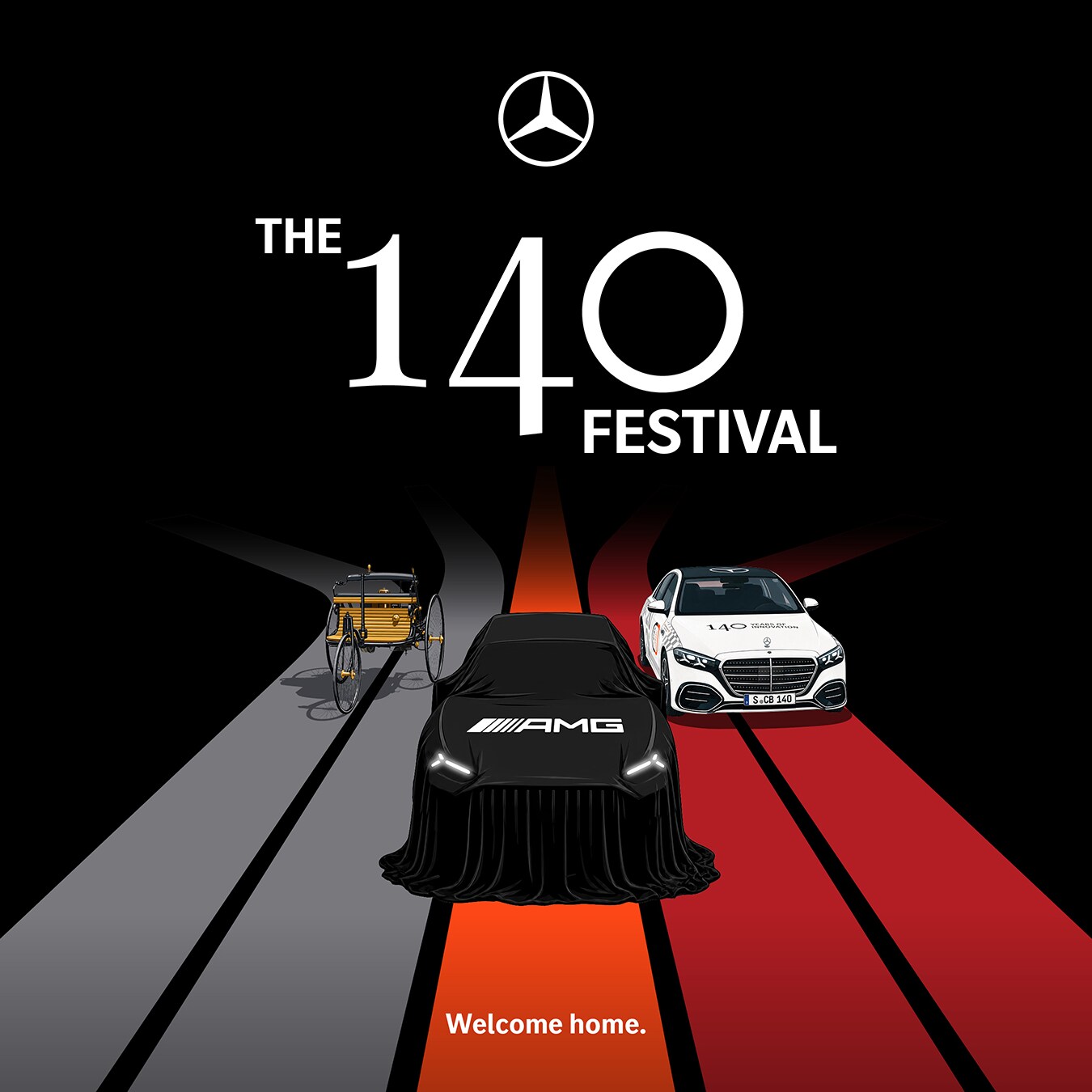 Visual del logo de 140 festival con 3 coches sobre lineas gris, naranjas y rojas