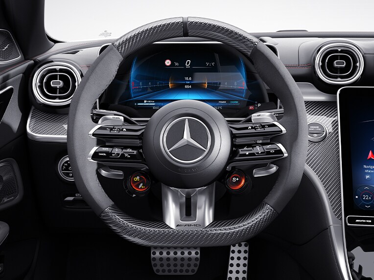 El volante AMG Performance en diseño de fibra de carbono / microfibra MICROCUT del Mercedes-AMG Clase C Estate.
