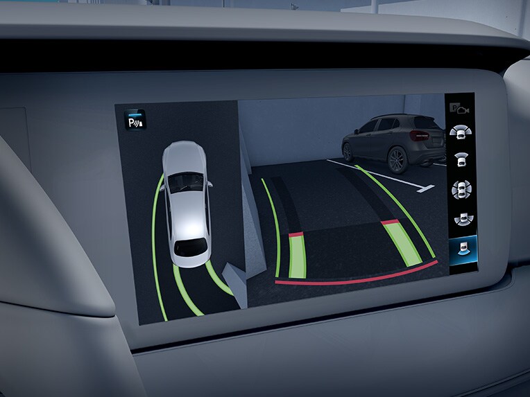 Ilustración del paquete de aparcamiento con cámara de 360° en el Mercedes-Benz Clase C Berlina.