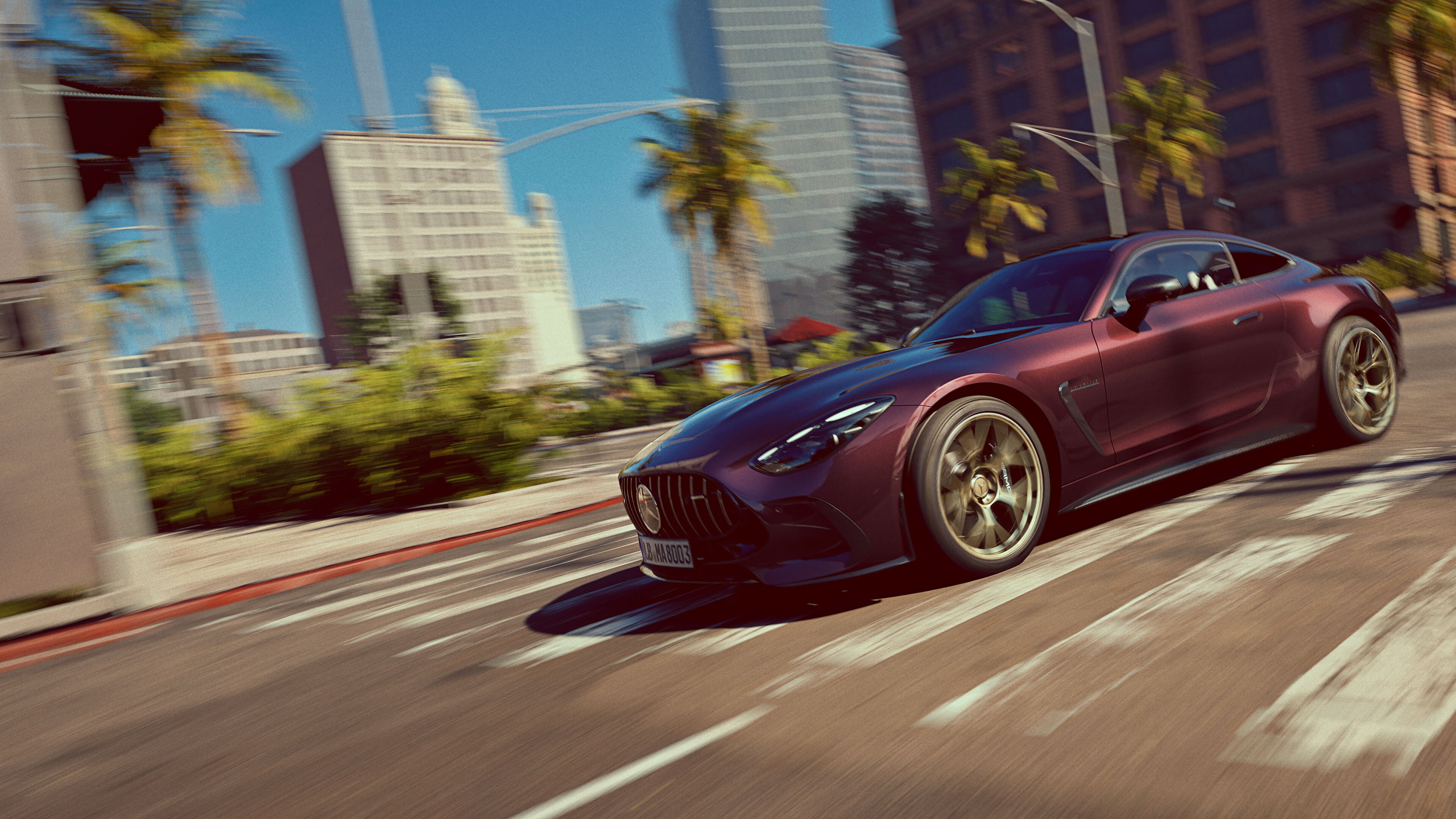 visual lateral de un coche color berenjena en la ciudad