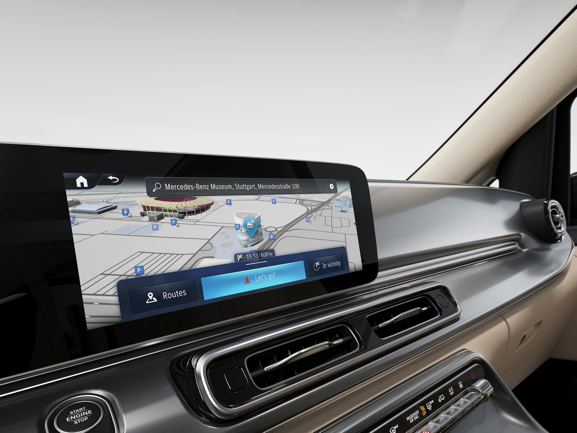 Puesto de conducción del Mercedes-Benz Marco Polo HORIZON con sistema de infoentretenimiento MBUX e integración con el smartphone.