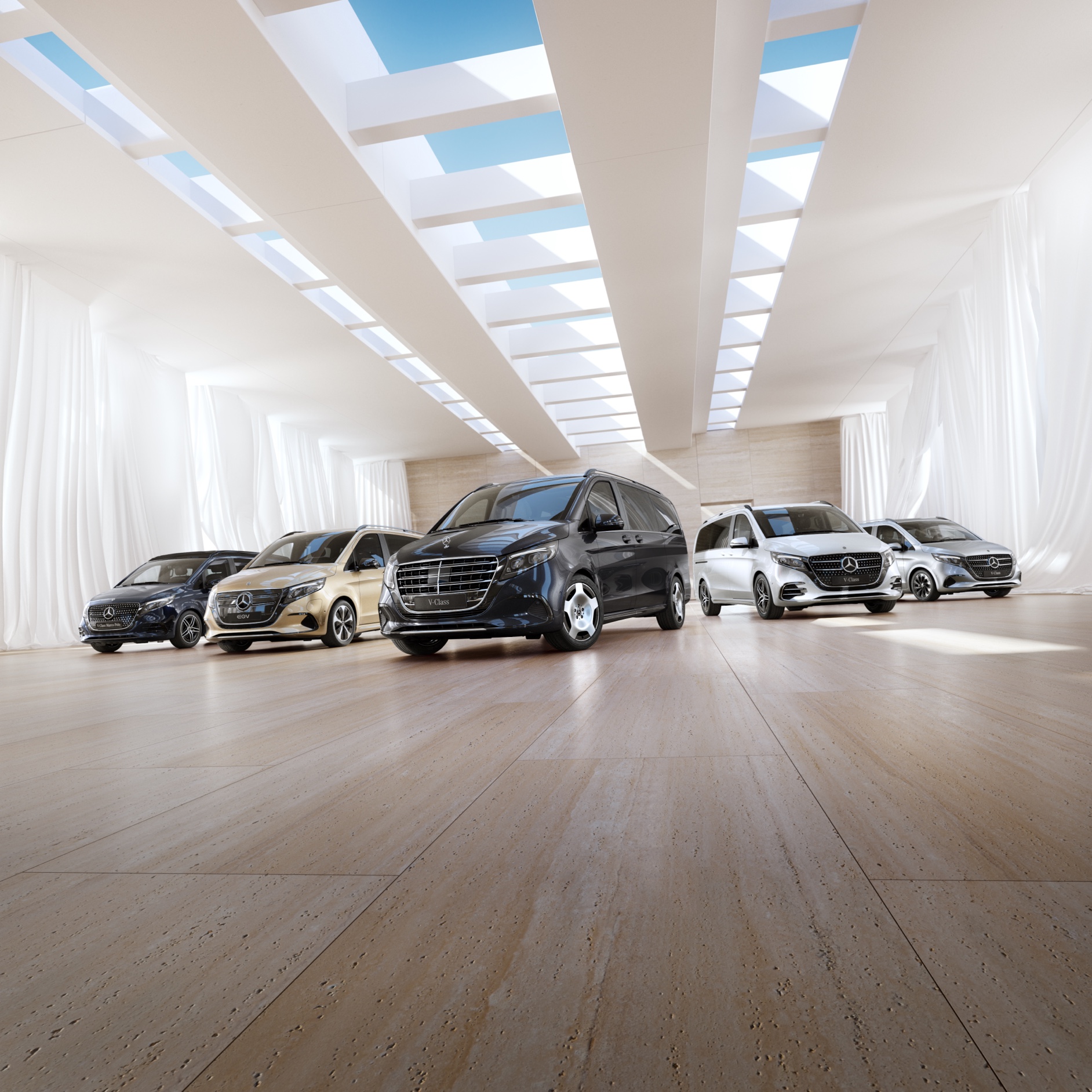Confort | EQV | Furgonetas Mercedes-Benz Los modelos Mercedes-Benz Van y Camper están en una sala de exposición.