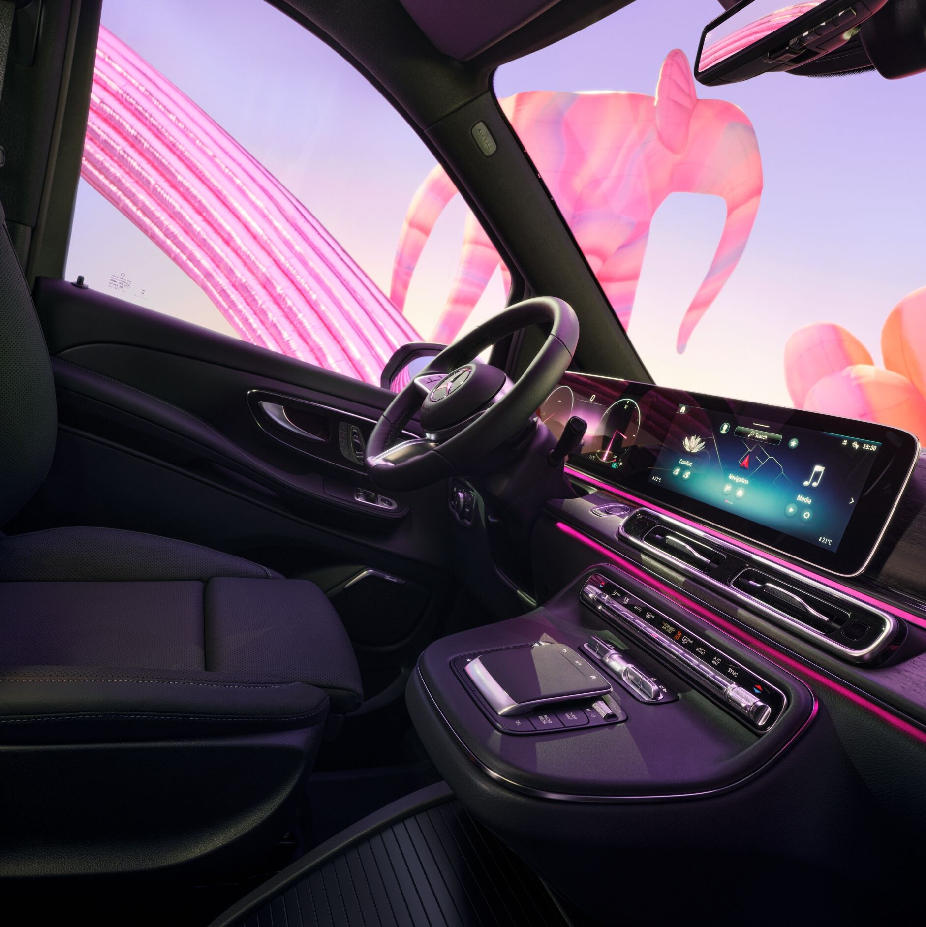 La ilustración muestra el manejo intuitivo de la pantalla táctil a bordo de los vehículos Mercedes-Benz.