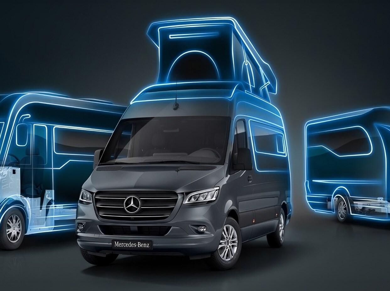 Una autocaravana Sprinter de Mercedes-Benz aparcada junto a un pintoresco río.