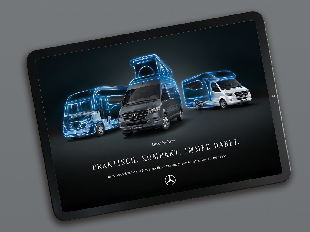 Una tableta con un folleto digital sobre las autocaravanas Sprinter de Mercedes-Benz.
