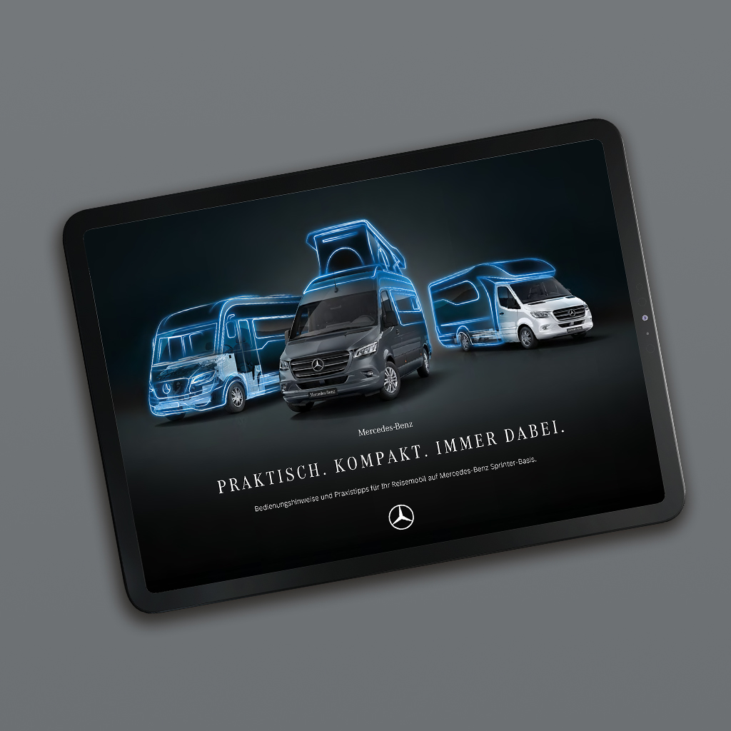 Autocaravanas Sprinter en una tableta | Autocaravanas Sprinter | Mercedes-Benz Una tableta con un folleto digital sobre las autocaravanas Sprinter de Mercedes-Benz.