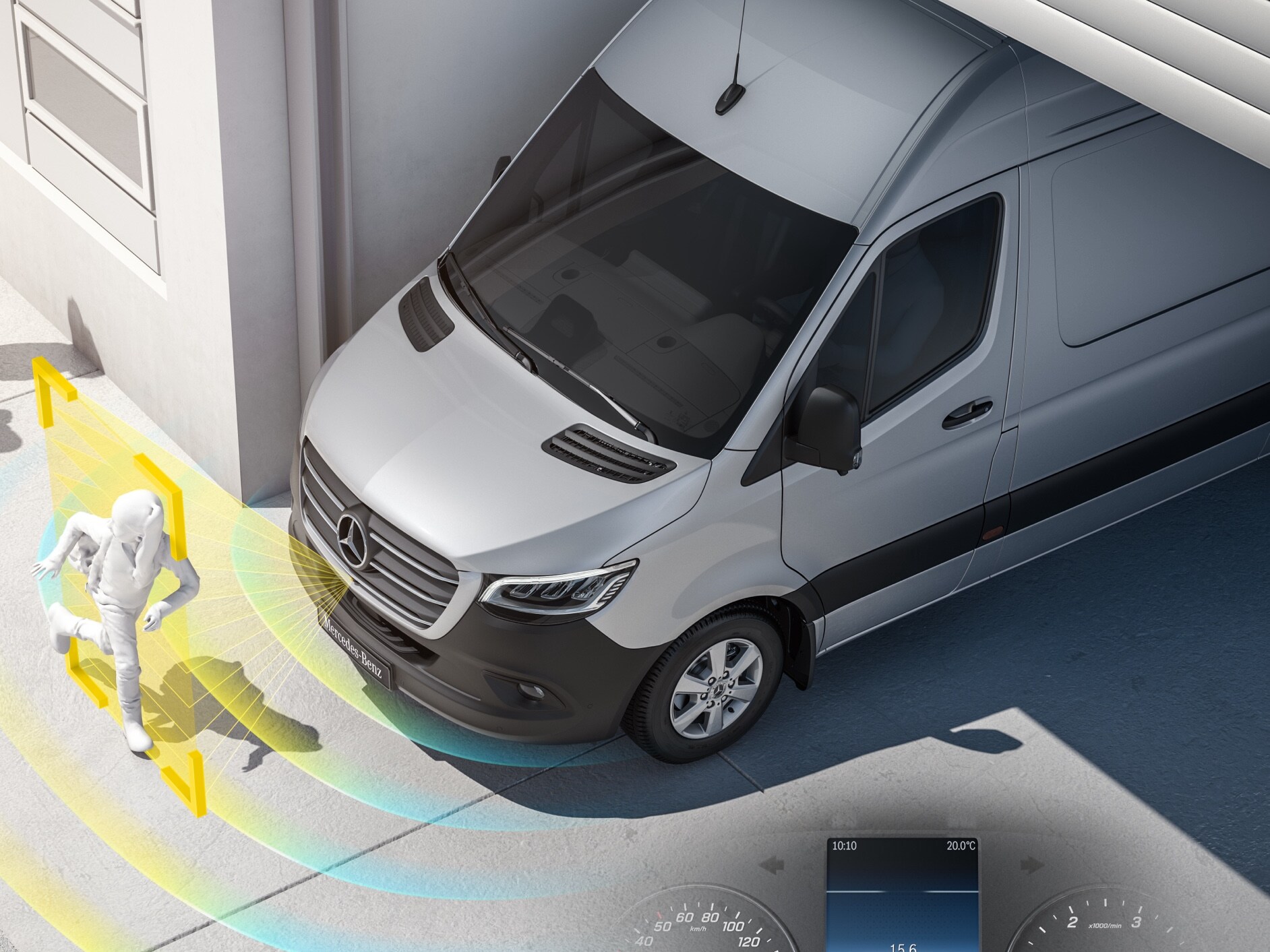 Mercedes‑Benz Sprinter con sistemas de asistencia activa que detectan a los peatones cercanos para mejorar la seguridad del conductor.