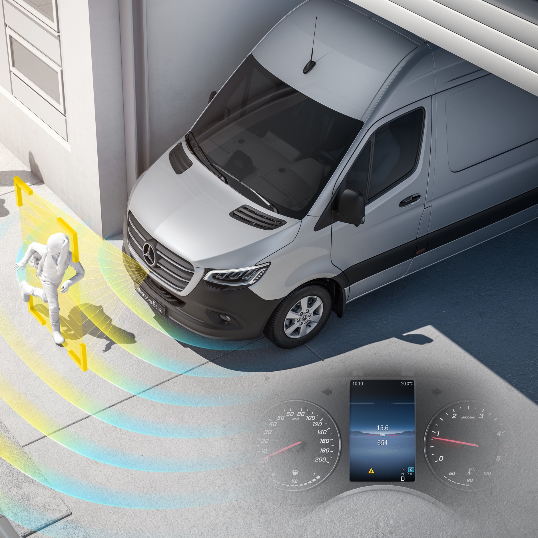 Extras digitales | Autocaravanas Sprinter | Mercedes-Benz Mercedes‑Benz Sprinter con sistemas de asistencia activa que detectan a los peatones cercanos para mejorar la seguridad del conductor.