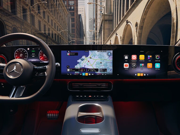 MBUX con nueva interfaz de usuario intuitiva y motor UNITY 3D en el nuevo CLA de Mercedes-Benz.