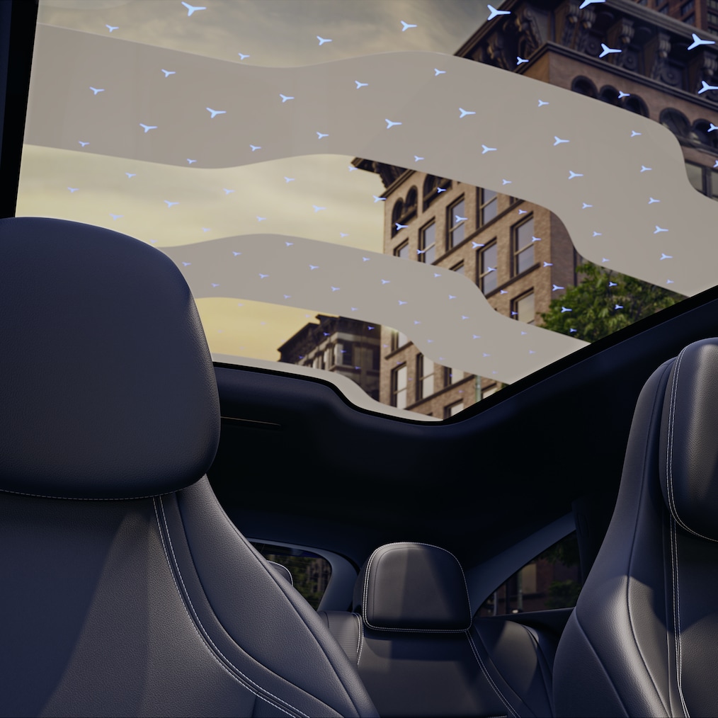 Vista a vista de pájaro del techo panorámico SKY CONTROL con patrón iluminado.