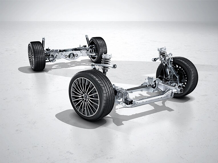 Una representación del tren de rodaje DYNAMIC BODY CONTROL con amortiguación regulable en el nuevo CLE Coupé de Mercedes-Benz.
