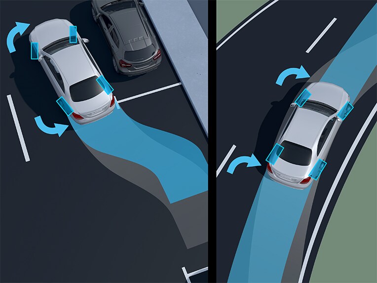Una ilustración de la dirección del eje trasero en el EQE Berlina de Mercedes-Benz.