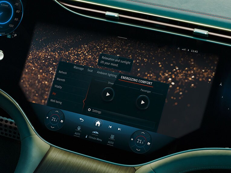 El paquete ENERGIZING Plus en un visualizador del EQE Berlina de Mercedes-Benz.