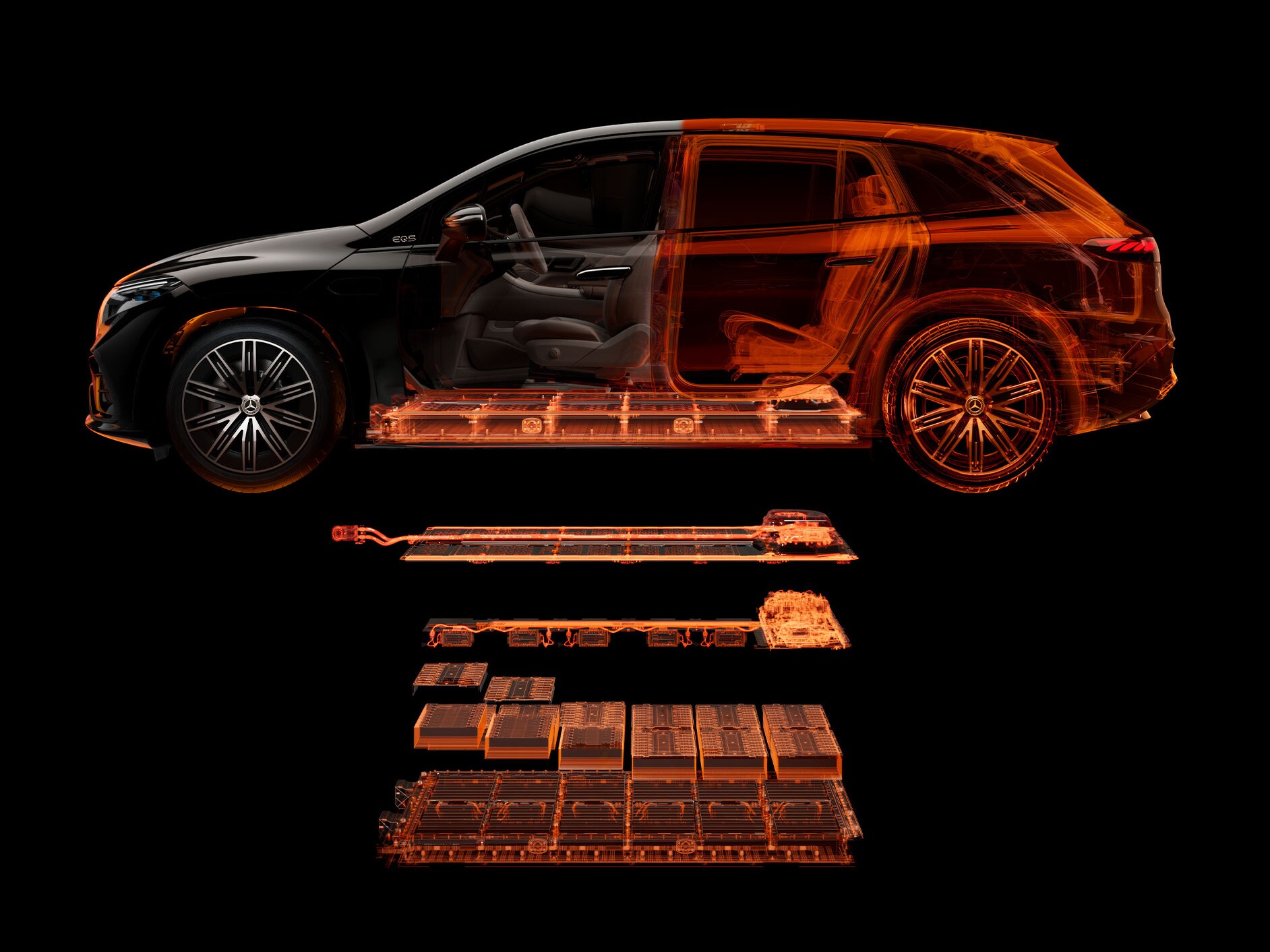 Elementos de seguridad de alto voltaje para el EQE SUV de Mercedes-Benz.