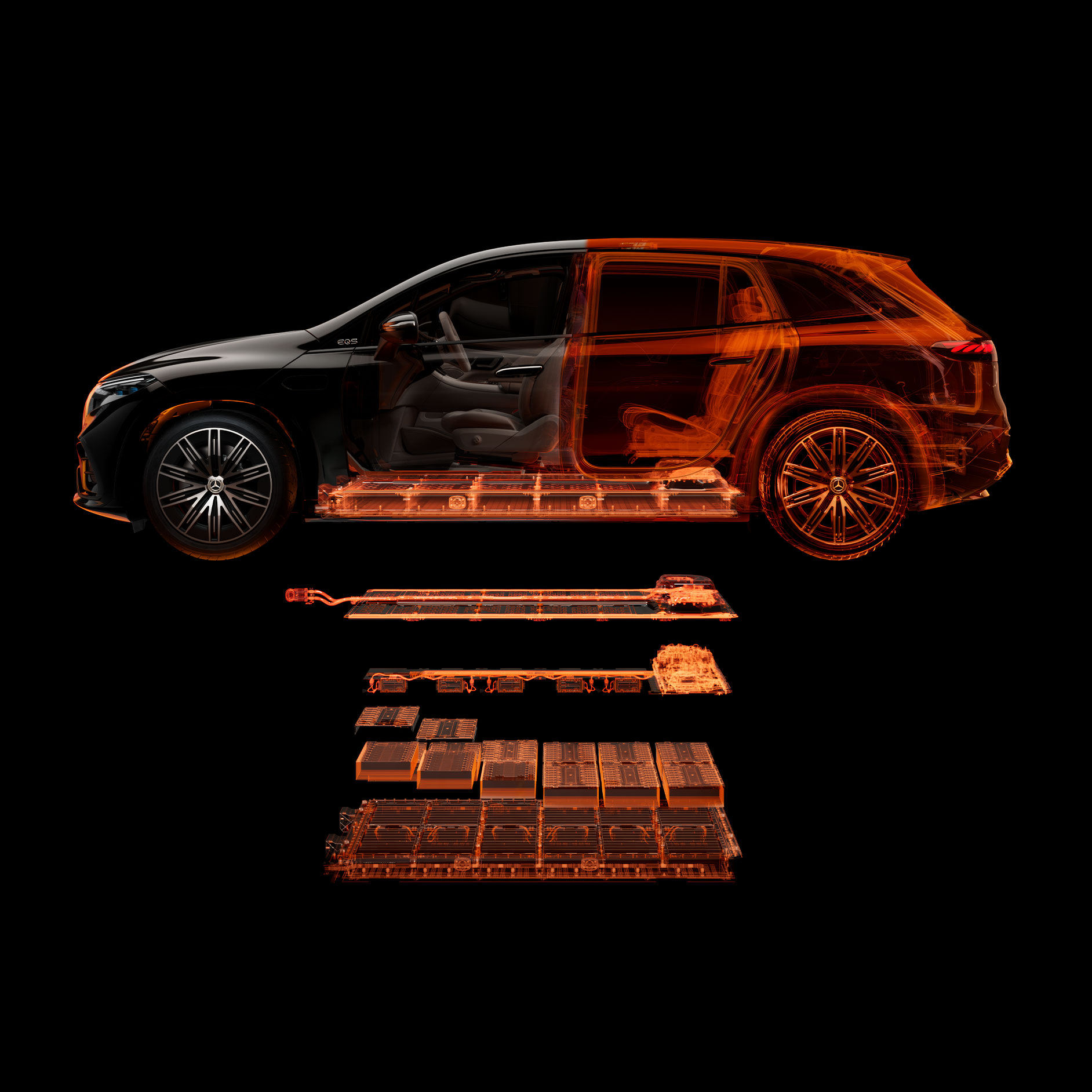 Elementos de seguridad de alto voltaje | EQE SUV | Mercedes-Benz Elementos de seguridad de alto voltaje para el EQE SUV de Mercedes-Benz.