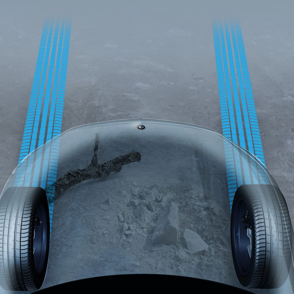 Representación gráfica del capó transparente en el EQE SUV de Mercedes-Benz.