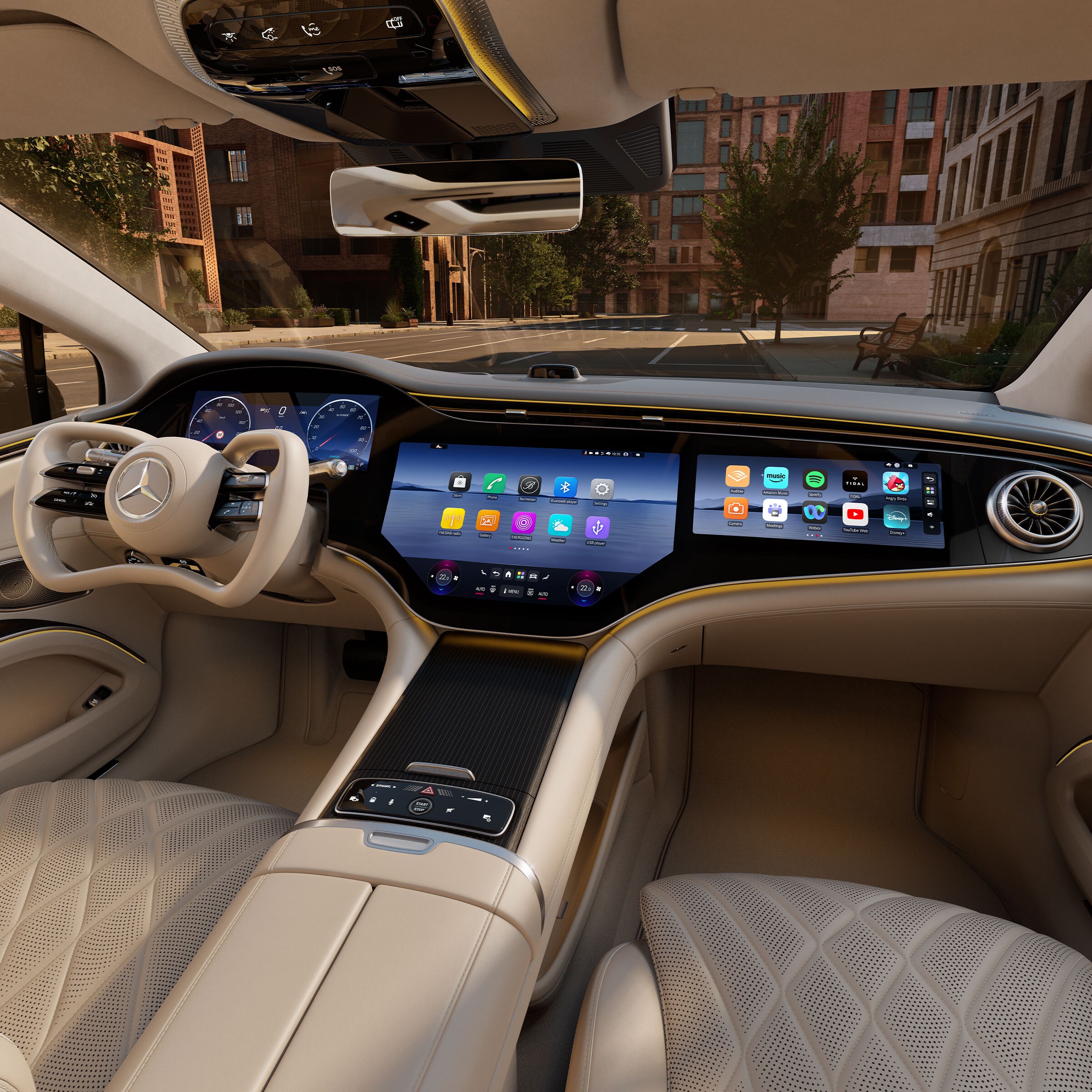 visual del interior del nuevo EQS con los asientos de cuero blanco y mostrando la pantalla MBUX