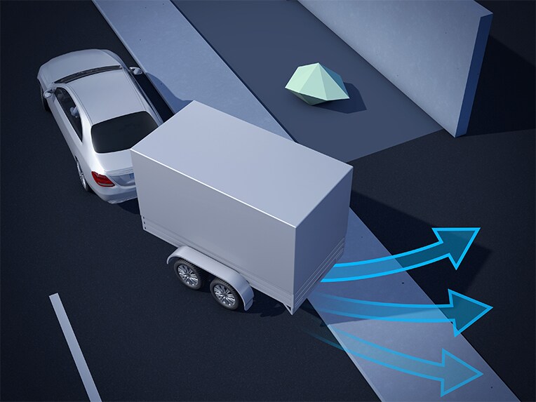 Representación gráfica del asistente de maniobra con remolque del EQS SUV de Mercedes-Benz.