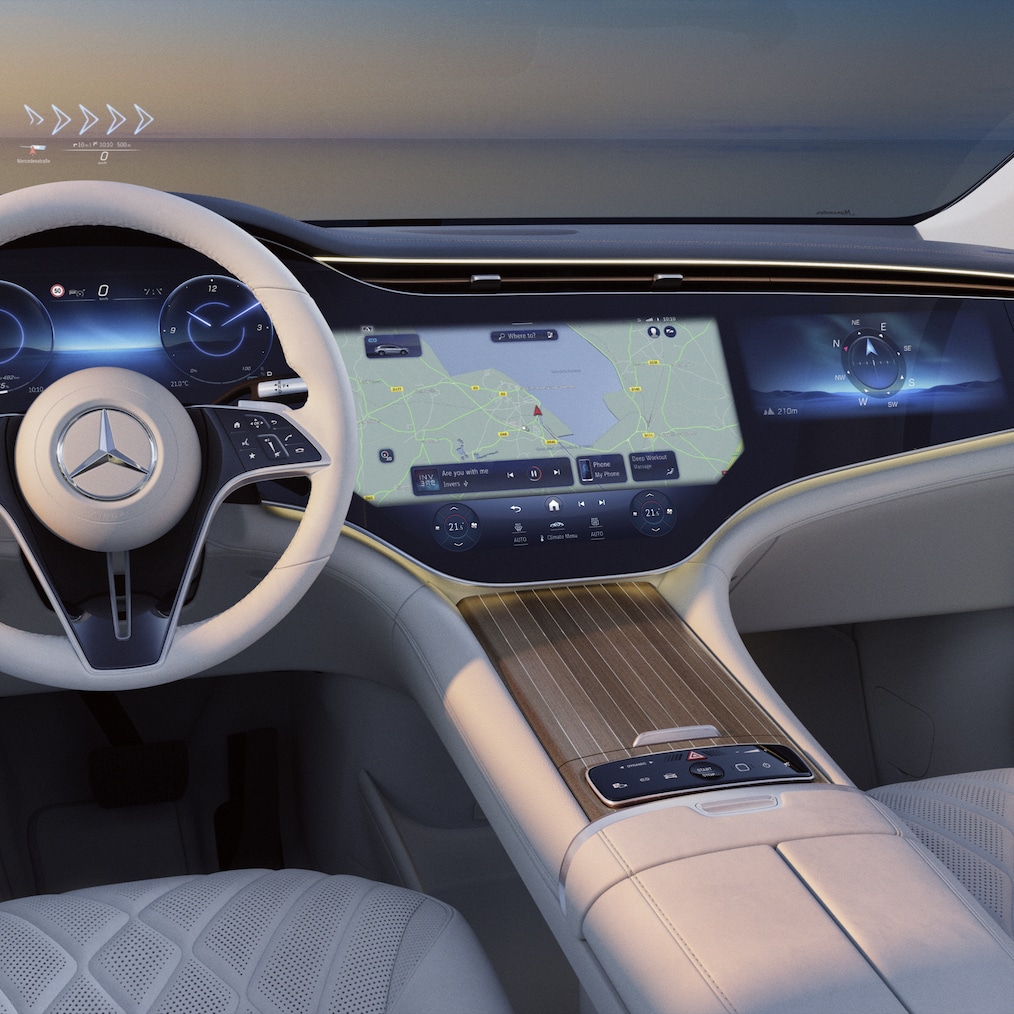 La Hyperscreen MBUX en el EQS SUV de lujo desde la perspectiva del conductor.
