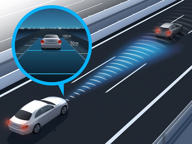 Representación gráfica del asistente activo de distancia DISTRONIC en el EQS Berlina de Mercedes-Benz.