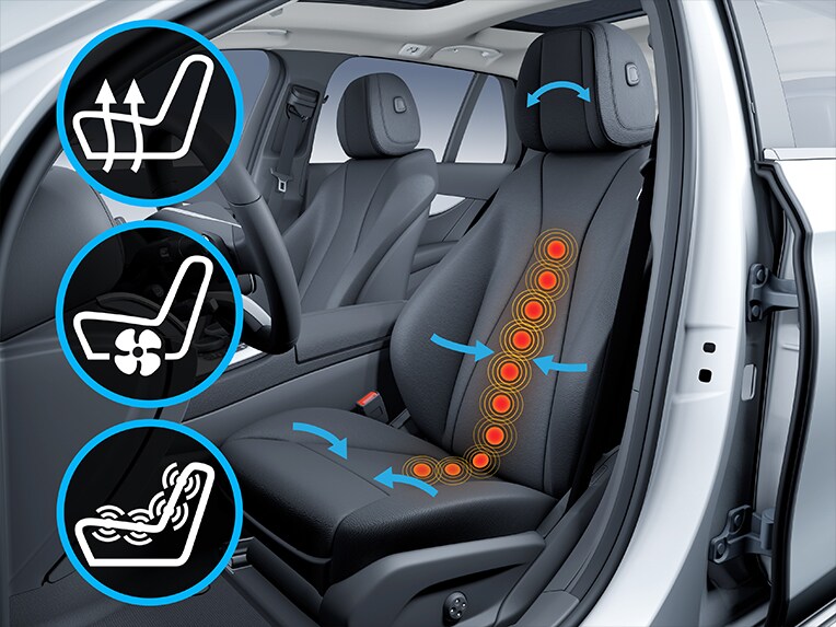 El paquete de asientos multicontorno activos Plus en el Clase G totalmente eléctrico de Mercedes-Benz.