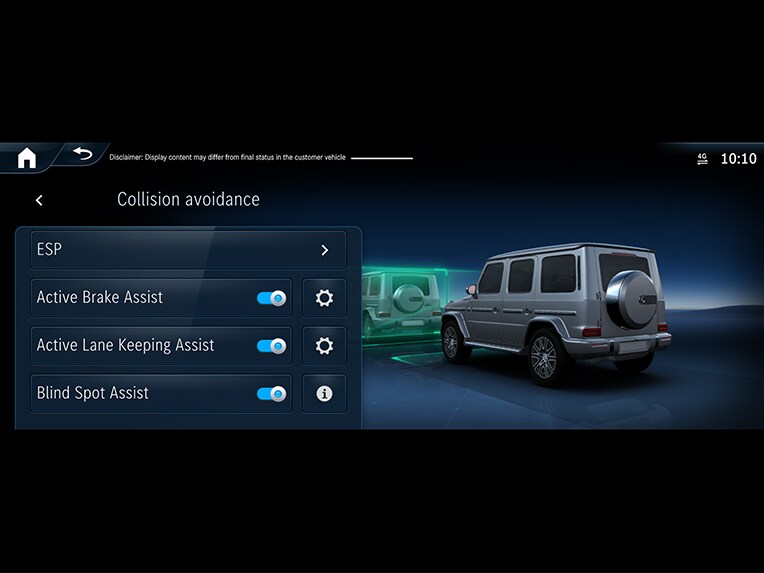 Ilustración del funcionamiento del asistente de frenado activo en el Mercedes-Benz Clase G.