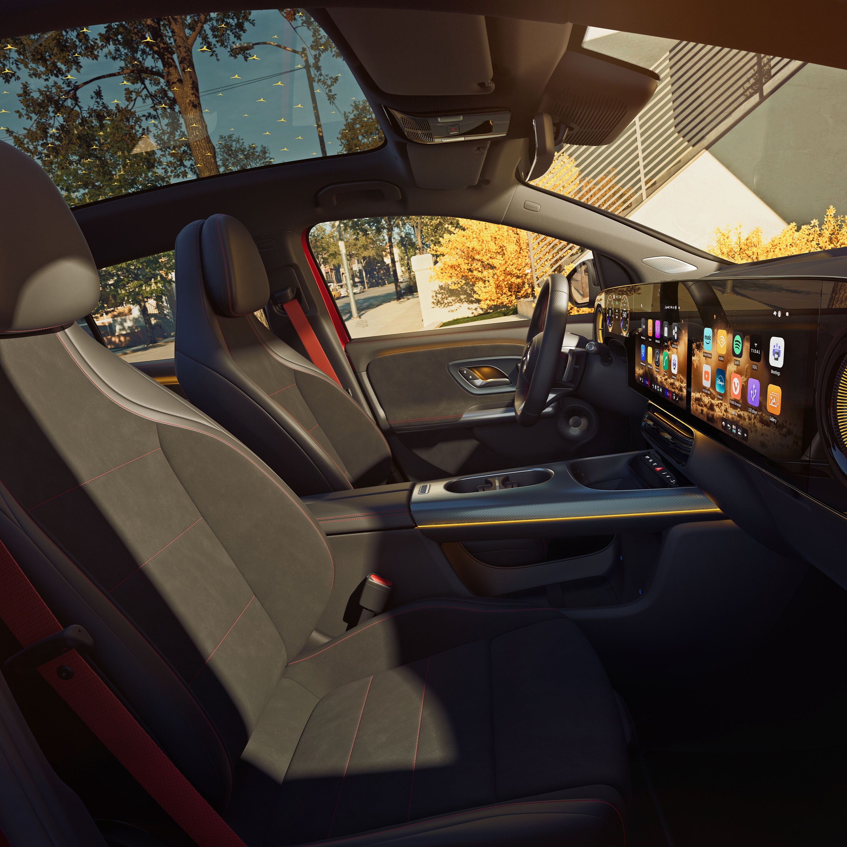 El interior del GLA eléctrico completamente nuevo de Mercedes-Benz, con especial atención a las filas de asientos delanteras y traseras, visto desde la ventanilla del acompañante.