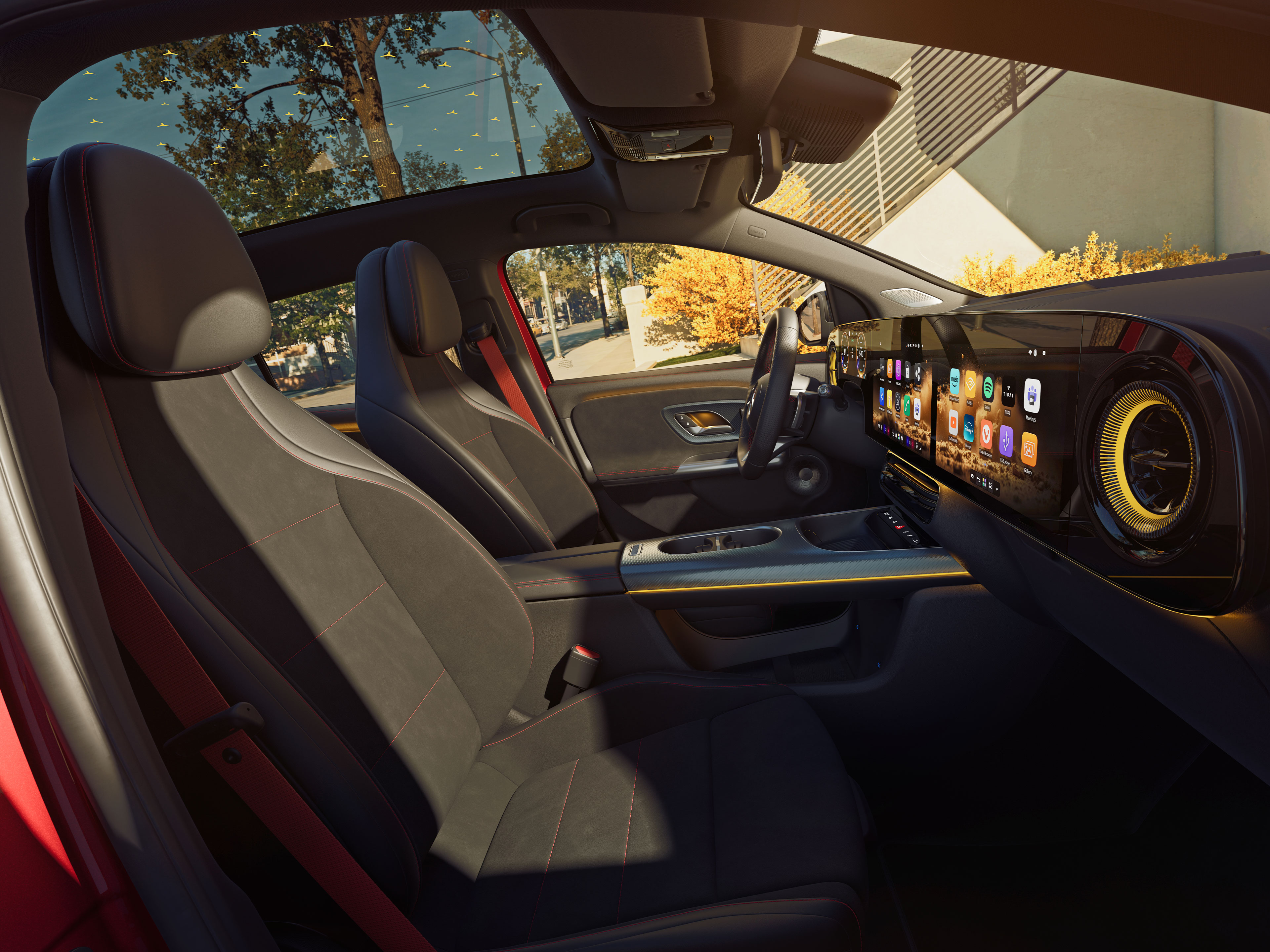 Interior | El GLA eléctrico completamente nuevo | Mercedes-Benz El interior del GLA eléctrico completamente nuevo de Mercedes-Benz, con especial atención a las filas de asientos delanteras y traseras, visto desde la ventanilla del acompañante.