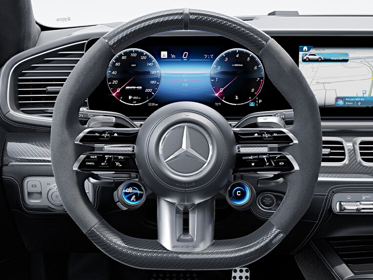 El volante AMG Performance en fibra de carbono/microfibra MICROCUT en el nuevo Mercedes-AMG GLE.