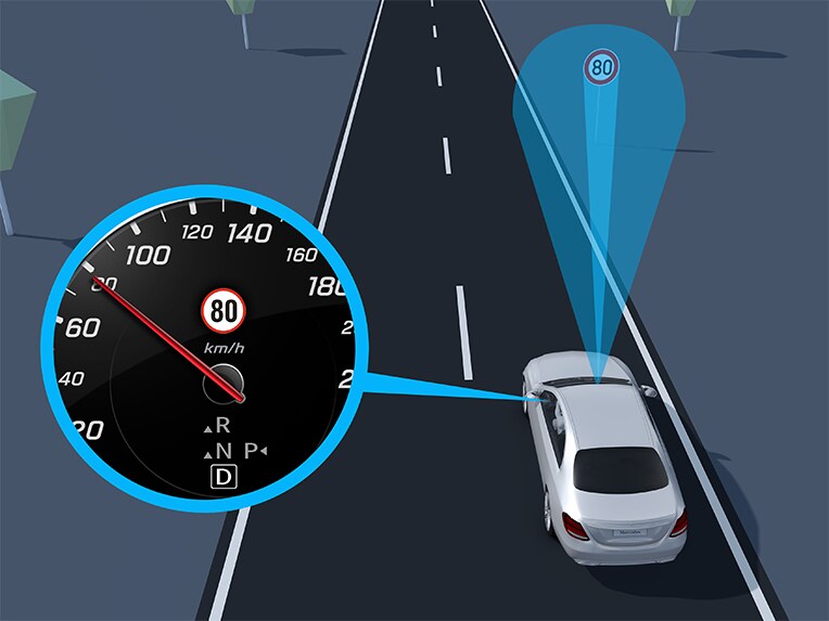 Una ilustración del asistente para señales de tráfico en el visualizador de medios del Mercedes-Benz GLE.