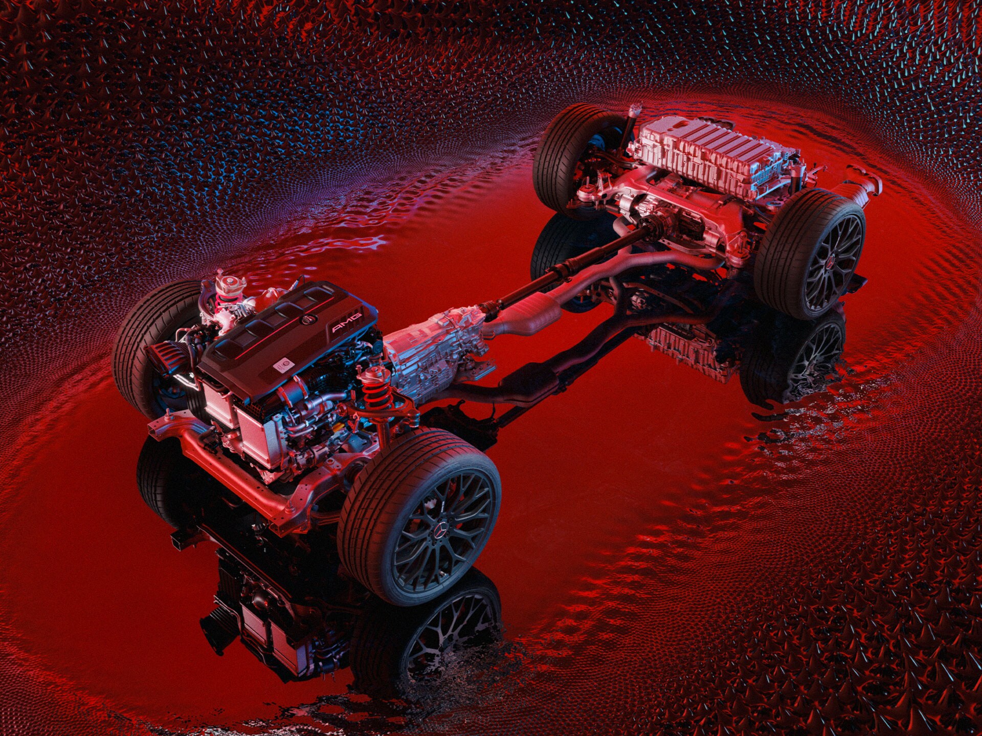 Ilustración técnica mostrando la arquitectura híbrida de Mercedes-AMG.
