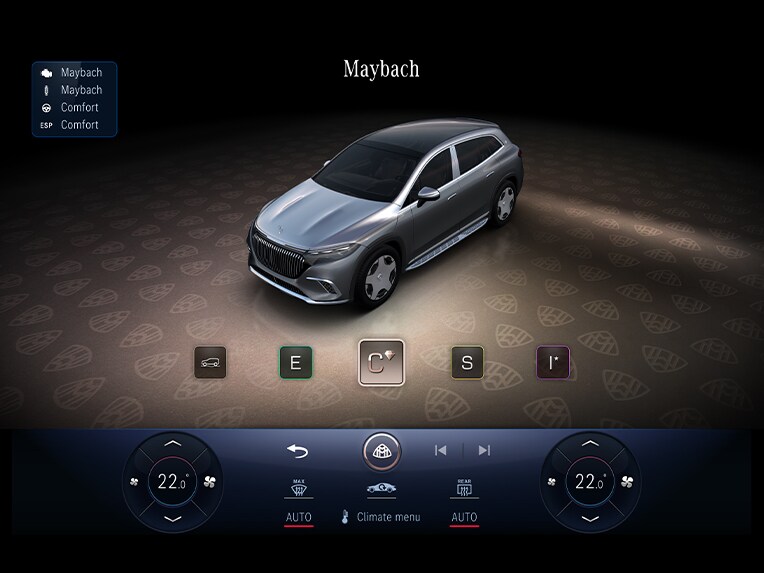 El visualizador central en el habitáculo del Mercedes-Maybach EQS SUV muestra el programa de conducción MAYBACH.