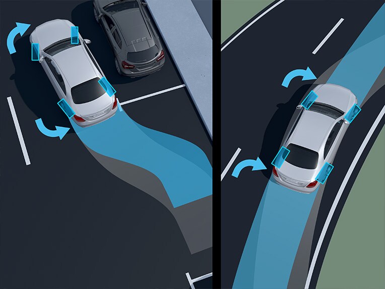 Ilustración de las funciones de la dirección del eje trasero del Mercedes-Maybach Clase S.