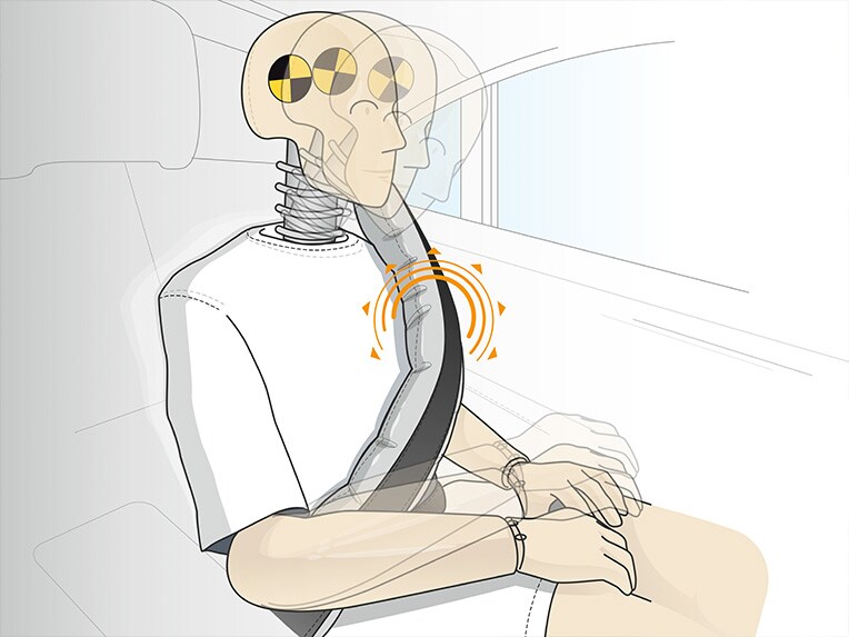 Ilustración del funcionamiento del cinturón con airbag en el Mercedes-Maybach Clase S.