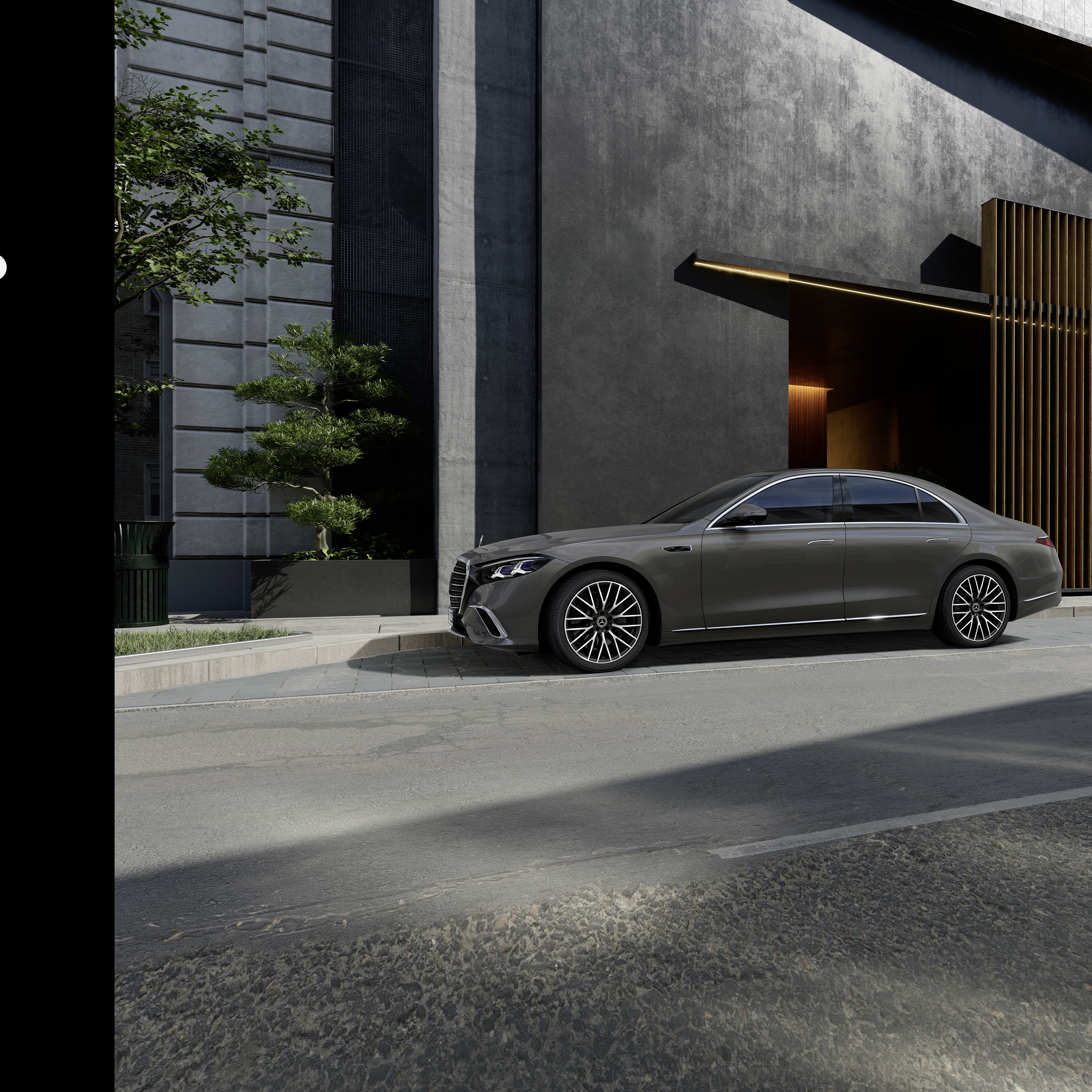 Visual de un Clase S Berlina gris de Mercedes-Benz aparcado en la calle