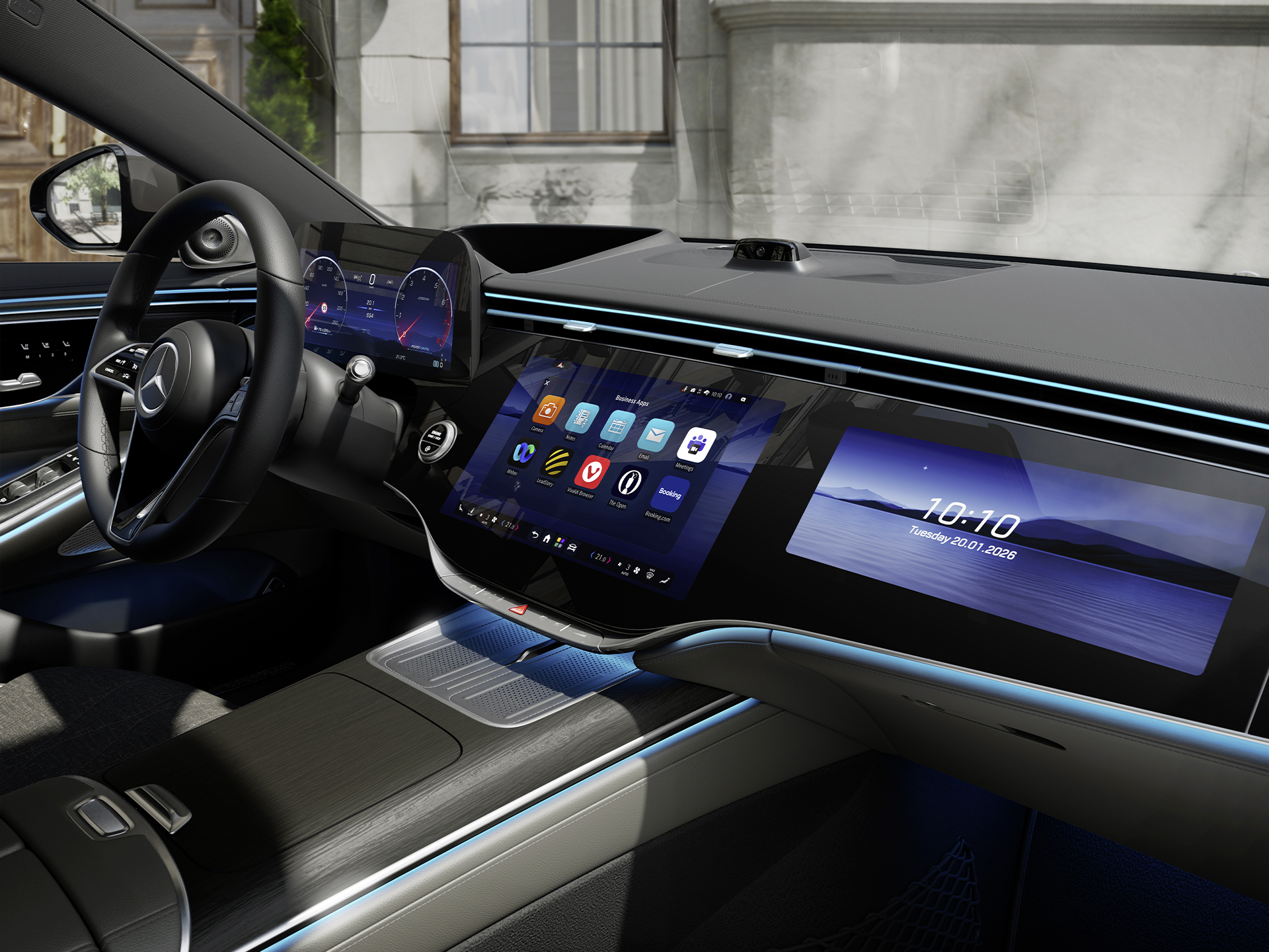 MB.OS | Clase S Berlina | Mercedes-Benz La MBUX Superscreen en el puesto de conducción del nuevo Clase S Berlina de Mercedes-Benz muestra el MB.OS de Mercedes-Benz.