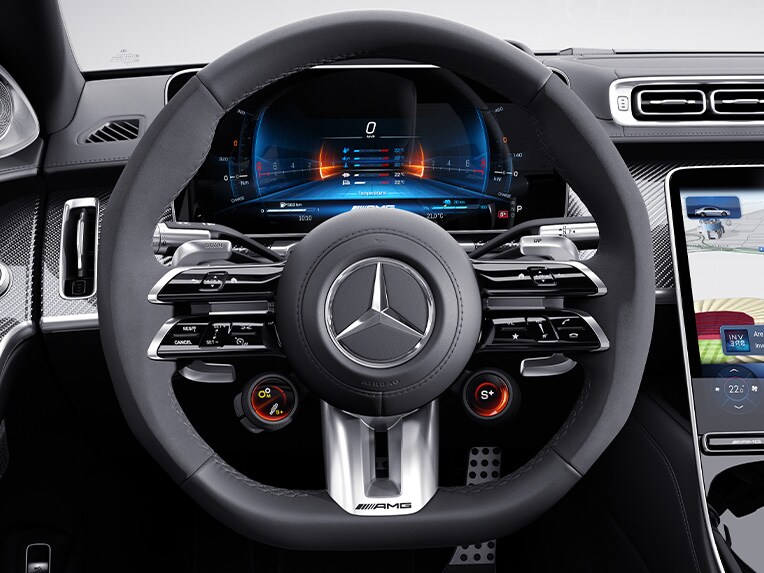 El volante AMG Performance en napa / microfibra MICROCUT para el Mercedes-AMG S 63 E PERFORMANCE Berlina.