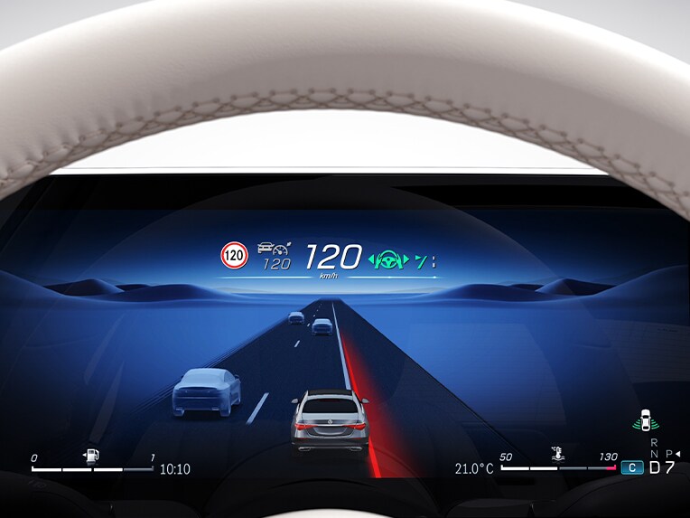 Visualización en pantalla del detector activo de cambio de carril en el Mercedes-Benz Clase S Berlina.