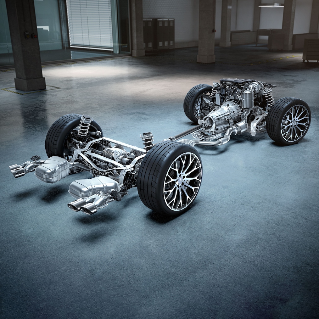 Cadena cinemática del Mercedes-AMG SL Roadster en el área de ingeniería.